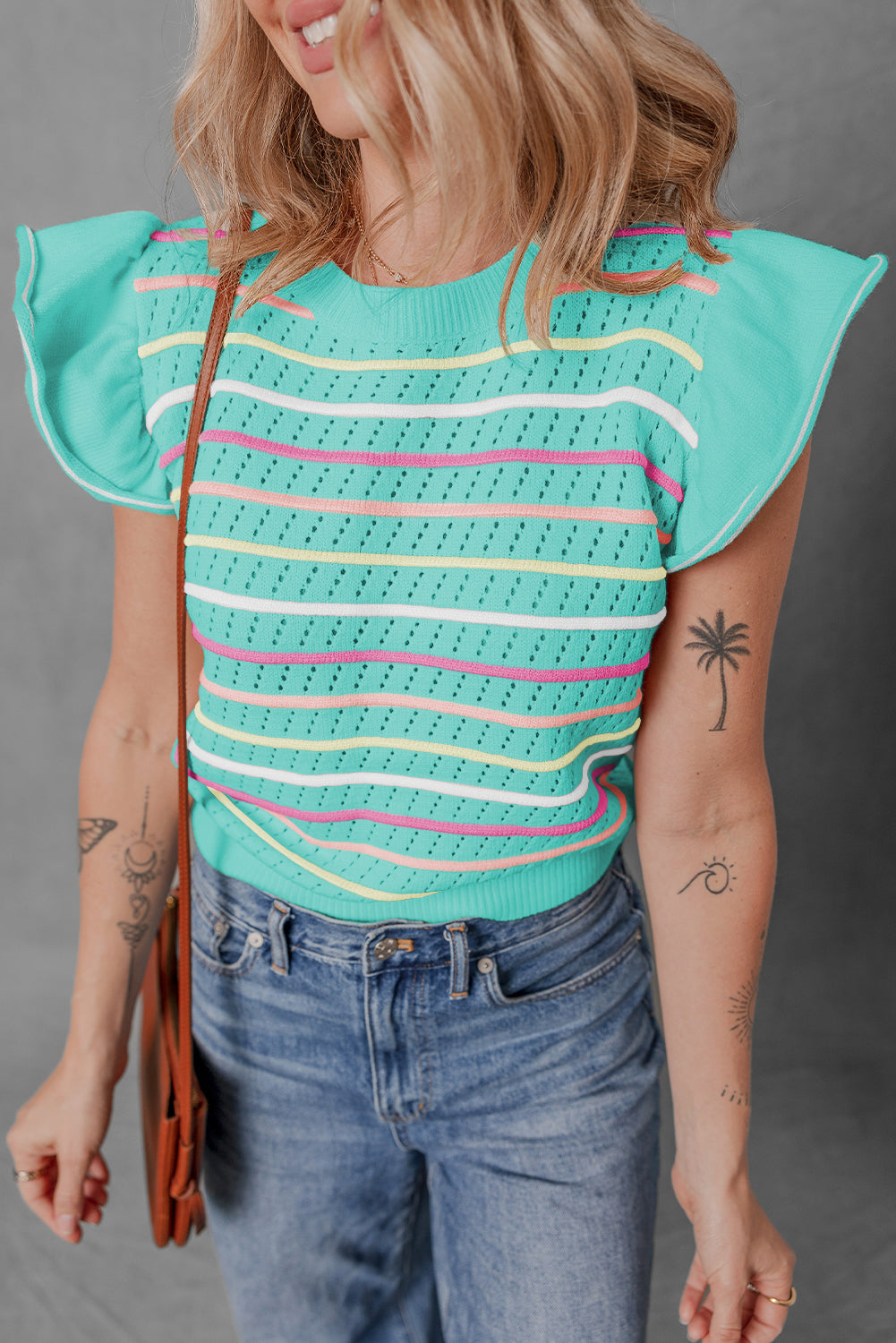Green Colourful Striped Eyelet Knit Ruffled Sleeve Sweater T Shirt eAura