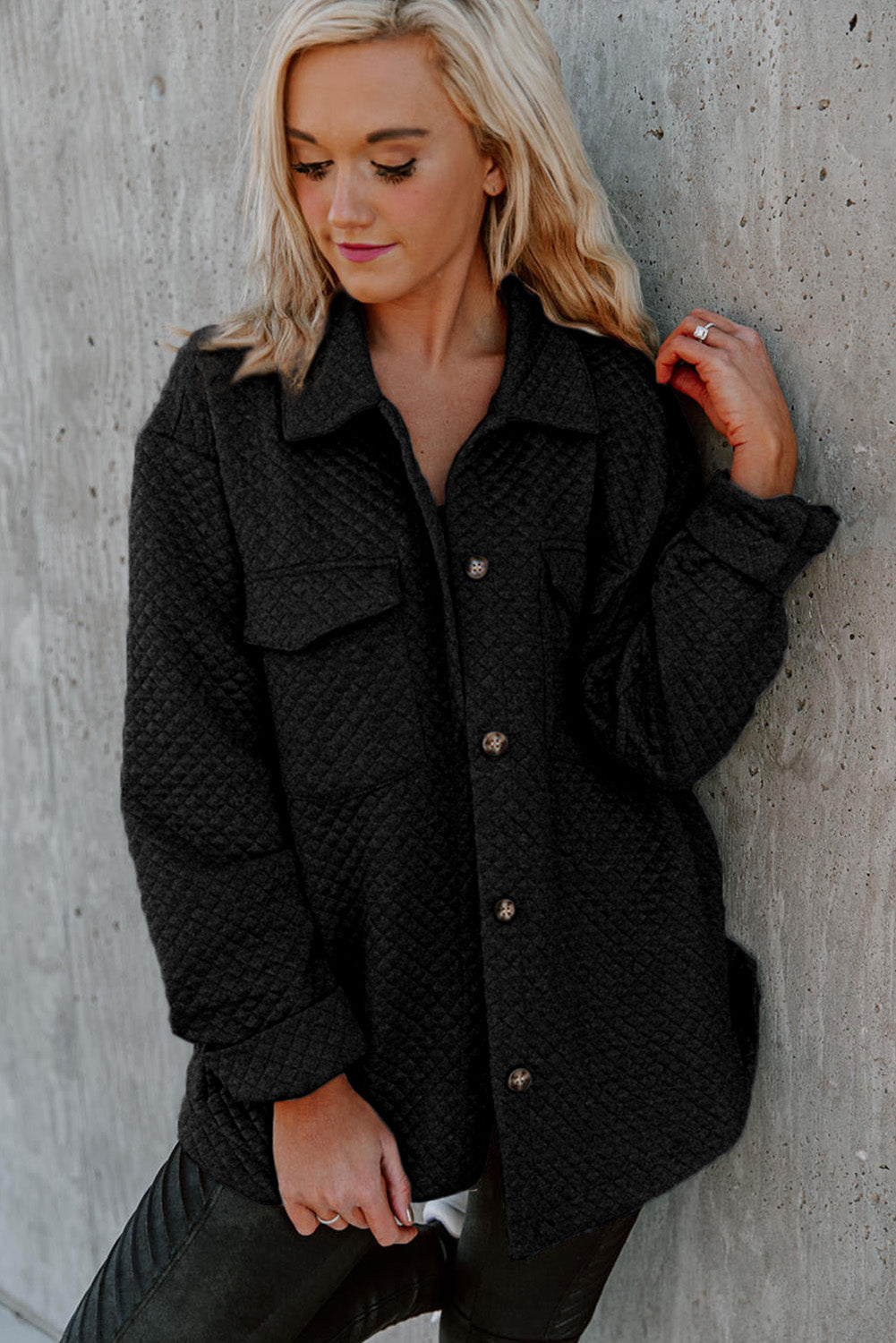 Black Retro Quilted Flap Pocket Button Shacket Beagle Boutique Fashion Outlet
