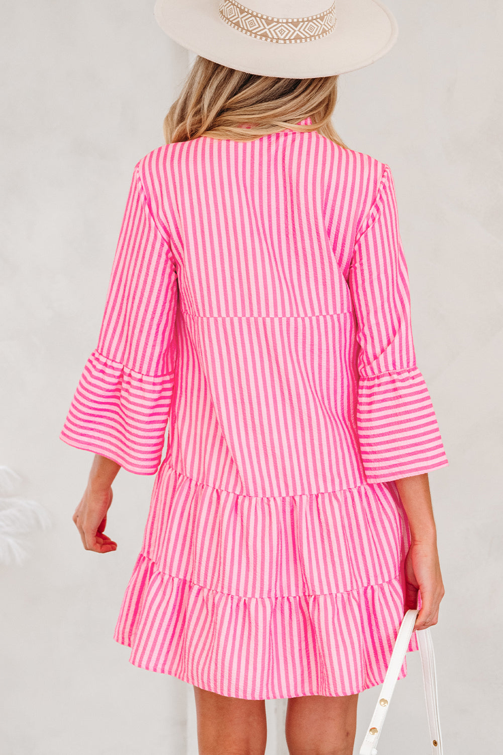 Stripe dFlare Sleeve Half Placket Tiered Flowy Mini Dress - eAura