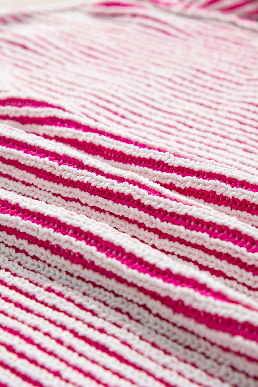 Bright Pink Striped Textured Knit Contrast Edge Loose Sweater eAura