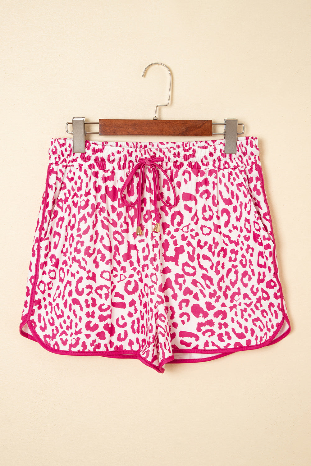 Pink Leopard Elastic Waist Lace up Contrast Trim Casual Shorts eAura