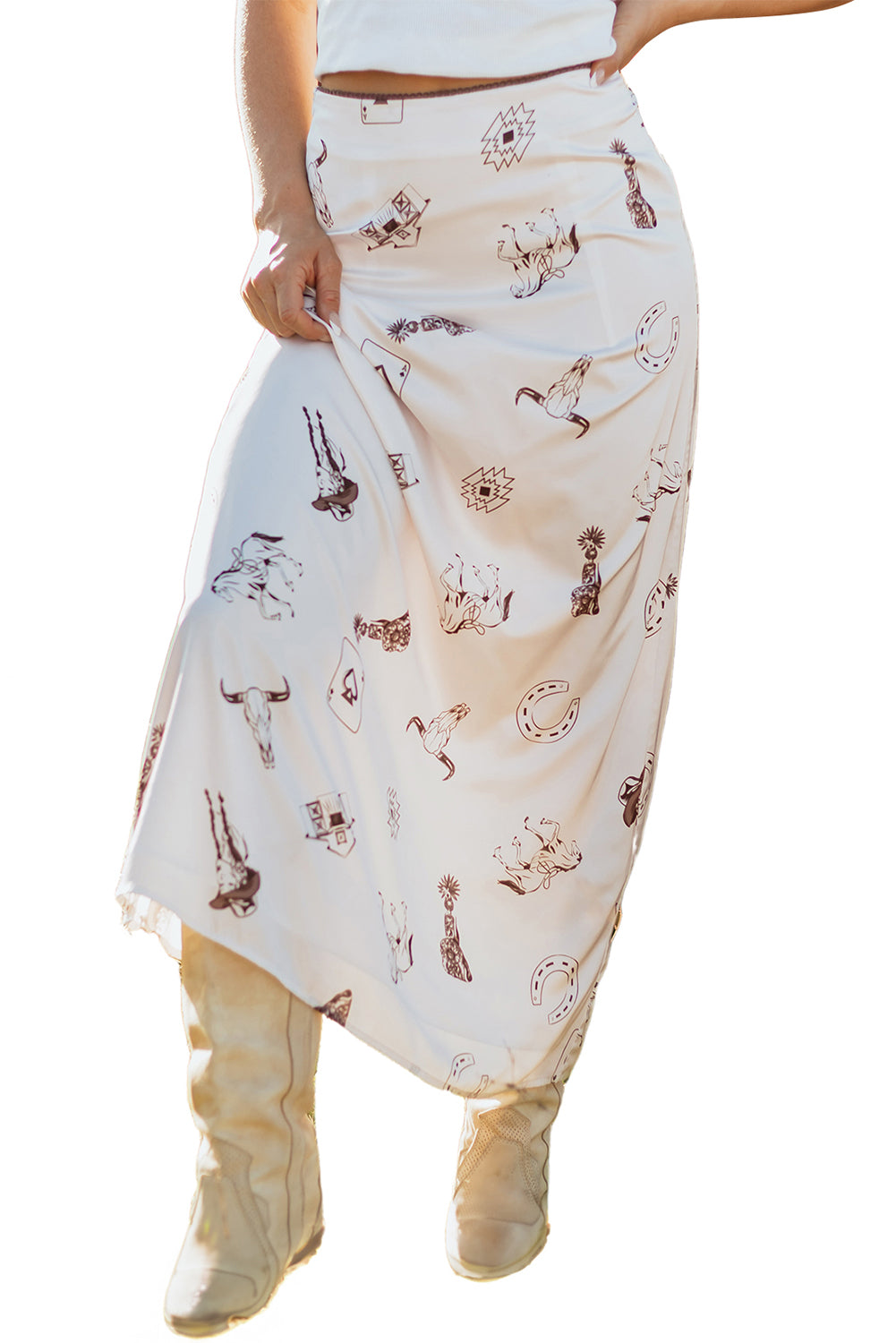 Western Print Satin Long Skirt – White