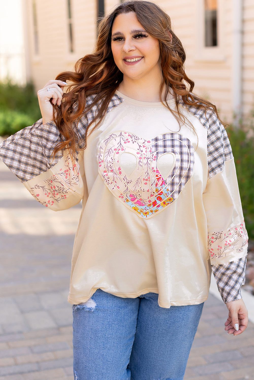 Clearly Aqua Plaid Floral Peace Heart Graphic Wide Long Sleeve Top Beagle Boutique Fashion Outlet