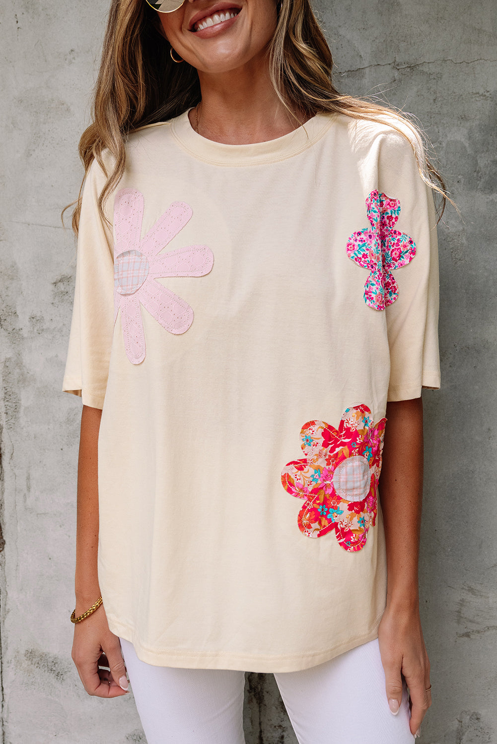 Apricot Flower Patched Exposed Stitching Trim Crew Neck Loose Tee eAura