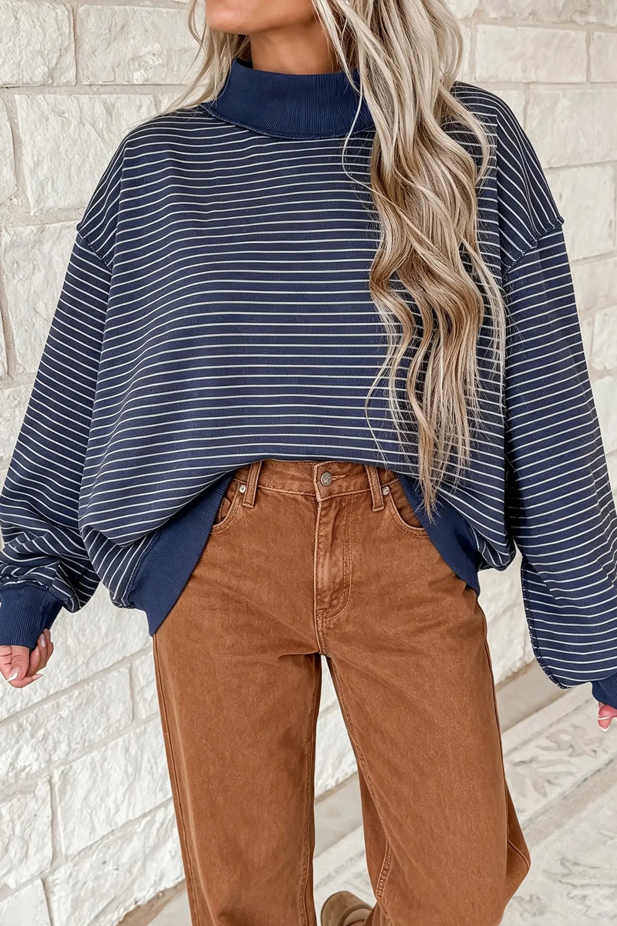 Oversized Sweatshirt with Mock Neck, Stripe Ribbed Colour Block