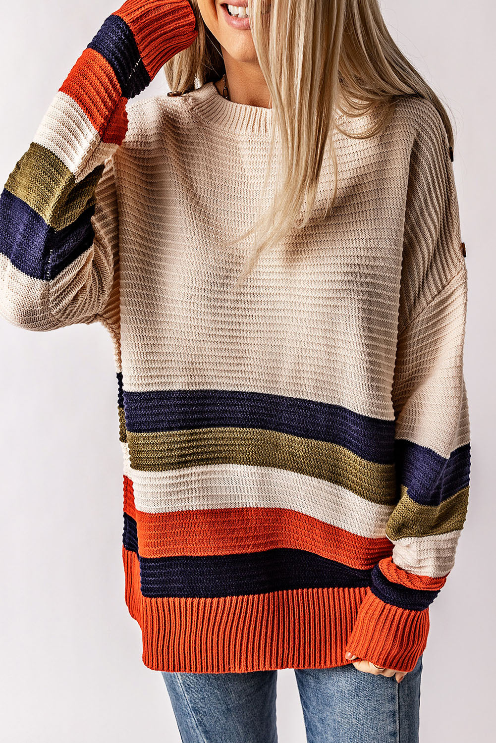 White Buttoned Shoulder Drop Shoulder Striped Sweater eAura