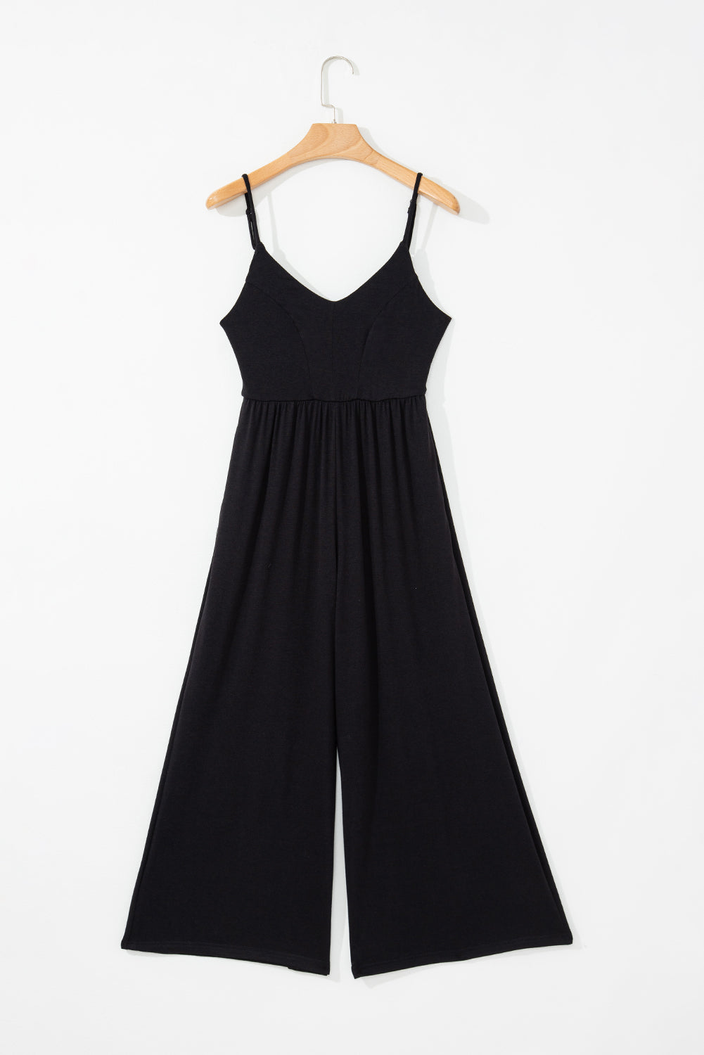 Black Spaghetti Straps Open Back Pleated Wide Leg Jumpsuit eAura