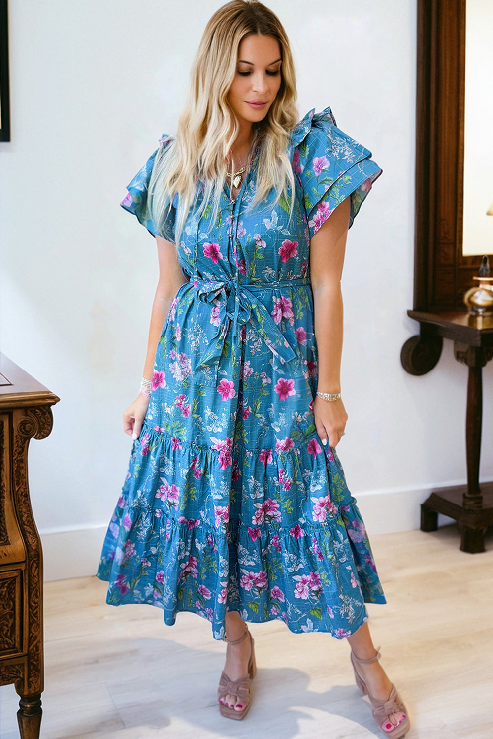Floral Flutter Sleeve Button Tie Split Neck Belted Maxi Dress - Dresses/Maxi Dresses