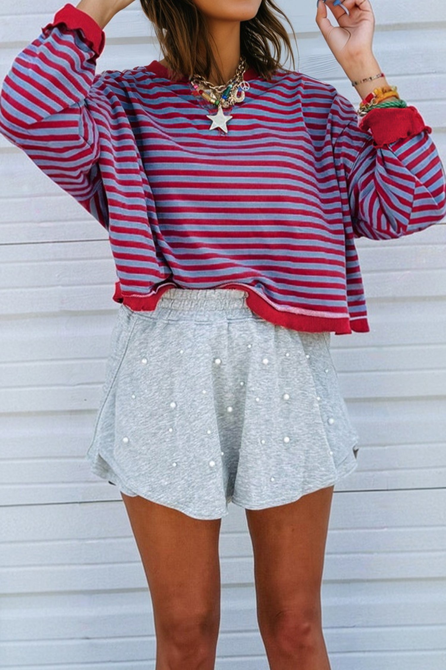 Striped Exposed Seam Contrast Ribbed Trim Boxy Sweatshirt - eAura