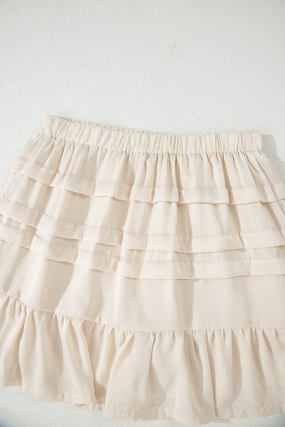 Beige Tiered Ruffled Hemline Elastic Waist Mini Skirt eAura