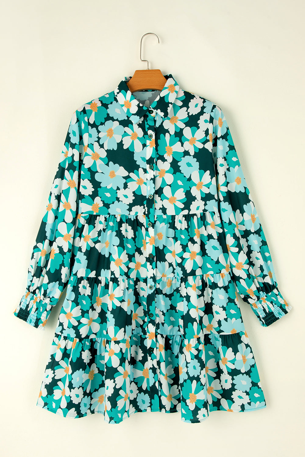 Green Floral Tiered Long Puff Sleeve Shirt Dress eAura