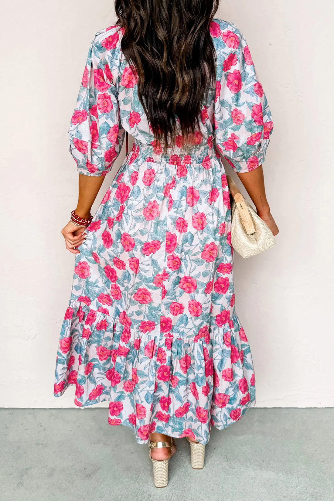 Floral Tie V-Neck Puff Sleeve Ruffle Tiered Midi Dress
