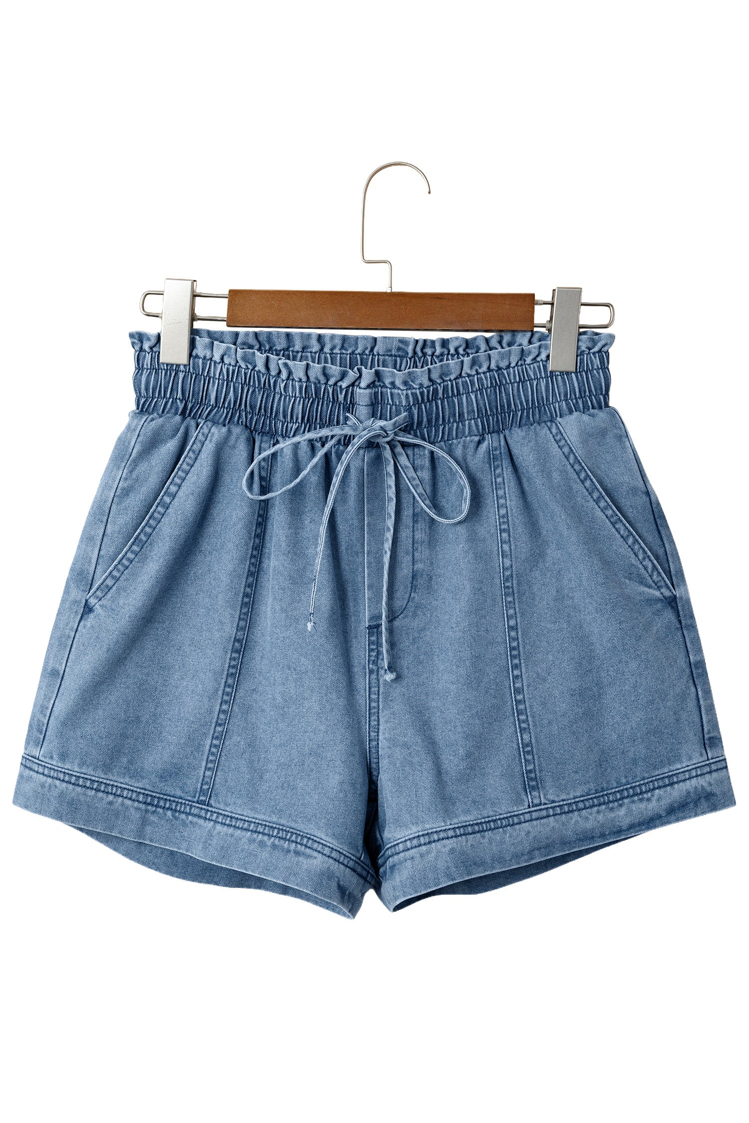 Smocked Elastic Waist Denim Shorts – High Waist with Drawstring