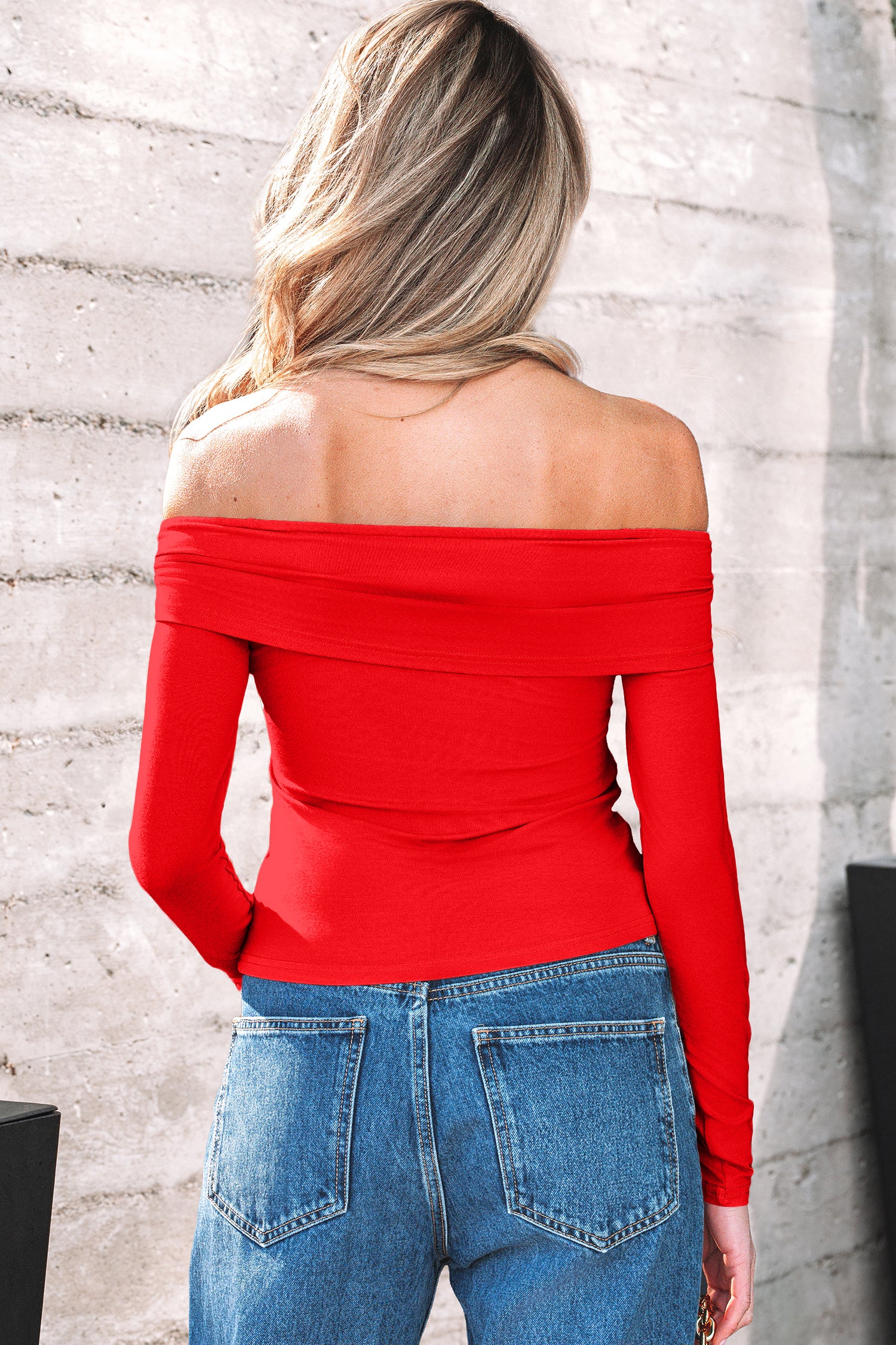 Foldover Off Shoulder Long Sleeve Slim Top