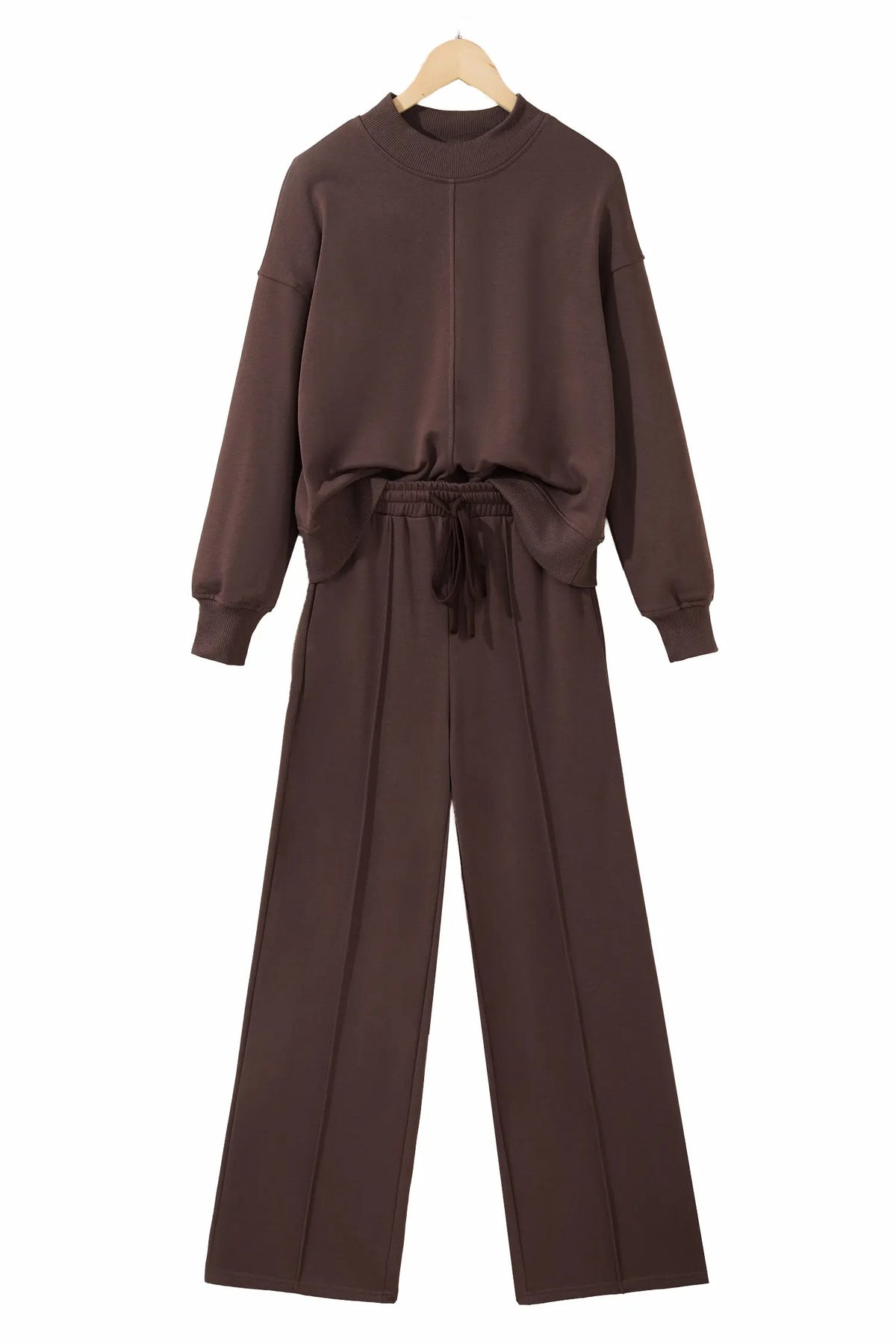 Coffee Solid Colour Piping Trim Mock Neck Pullover Drawstring Pants Set – Brown