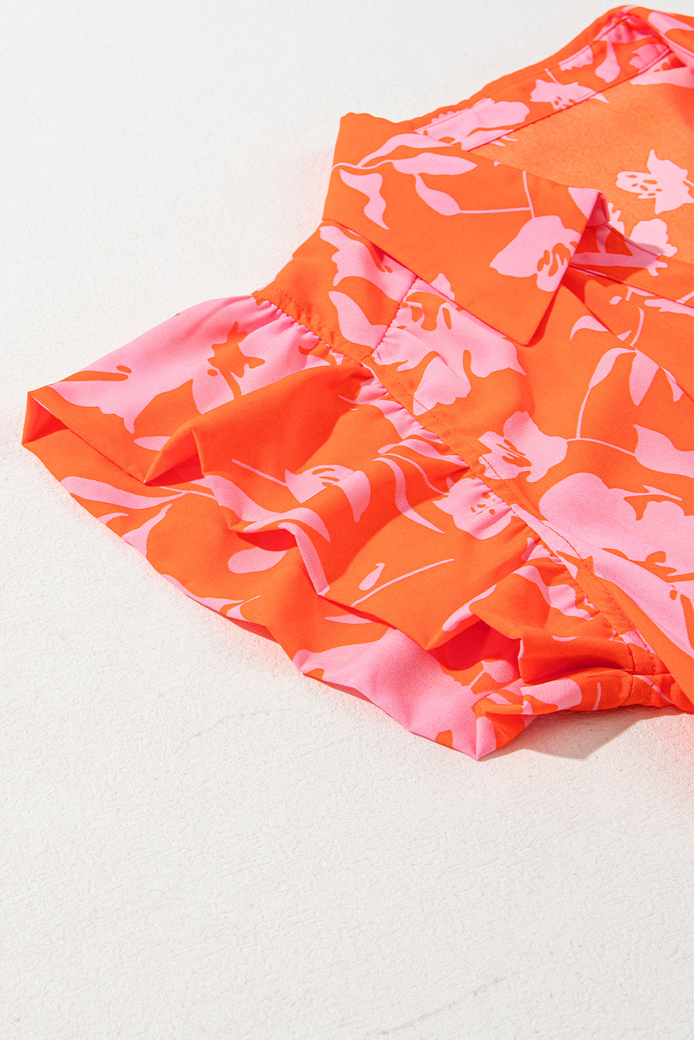 Orange Floral Print Collared Button Neckline Flutter Sleeve Blouse eAura