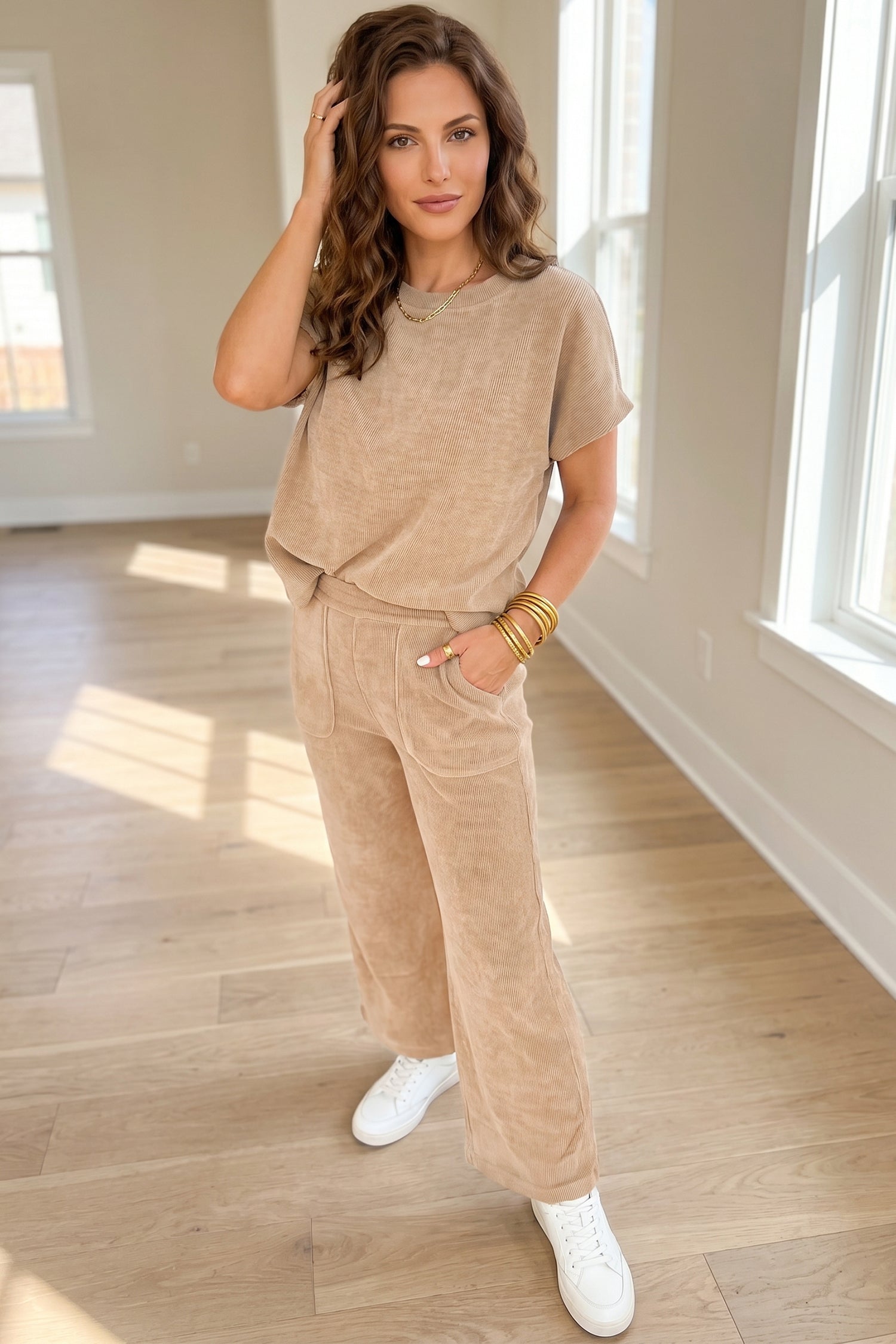 Solid Color Short Sleeve Ribbed Top Casual Pants 2pcs Set – Light French Beige