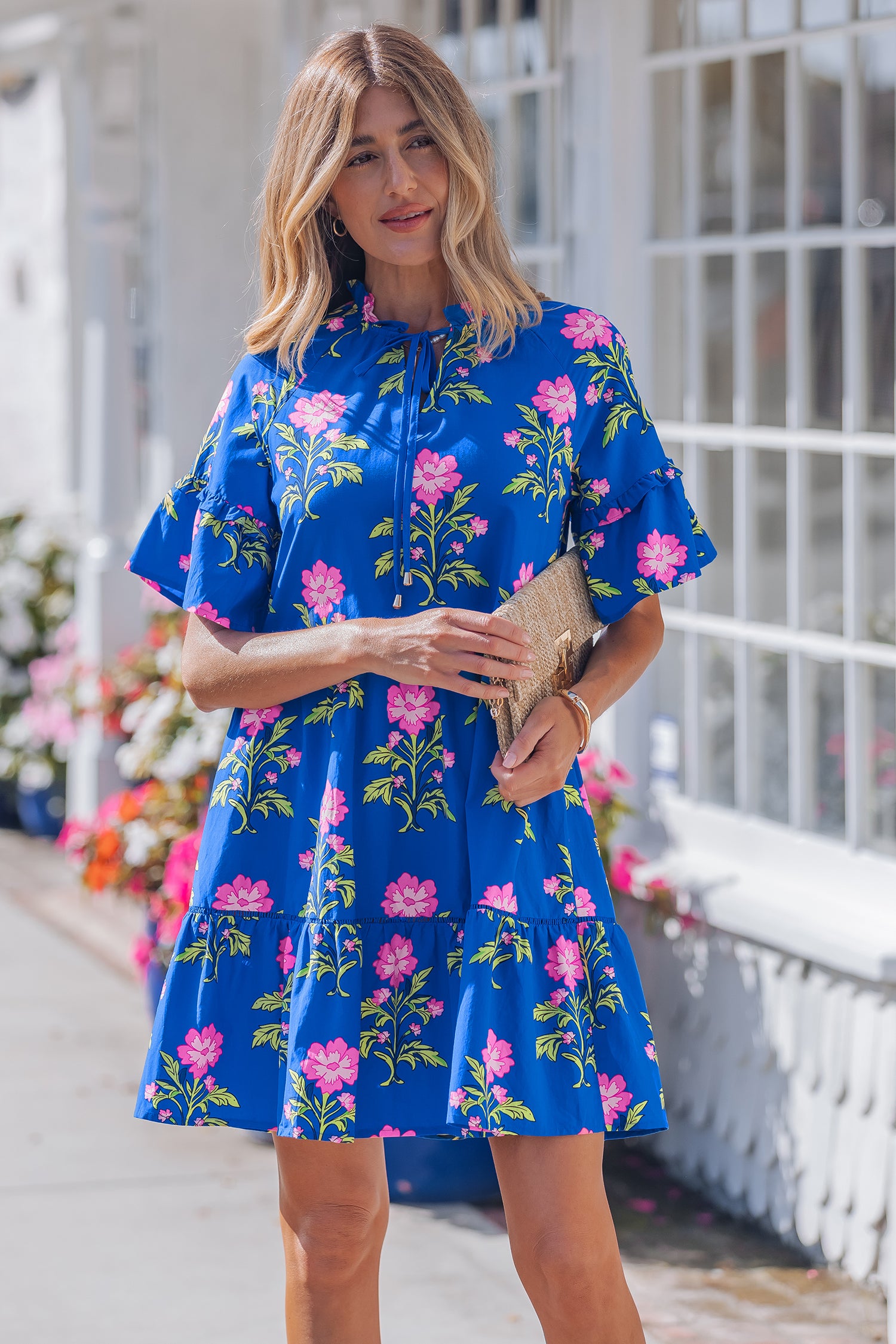 Floral Print V-Neck Ruffle Sleeve Loose Mini Dress