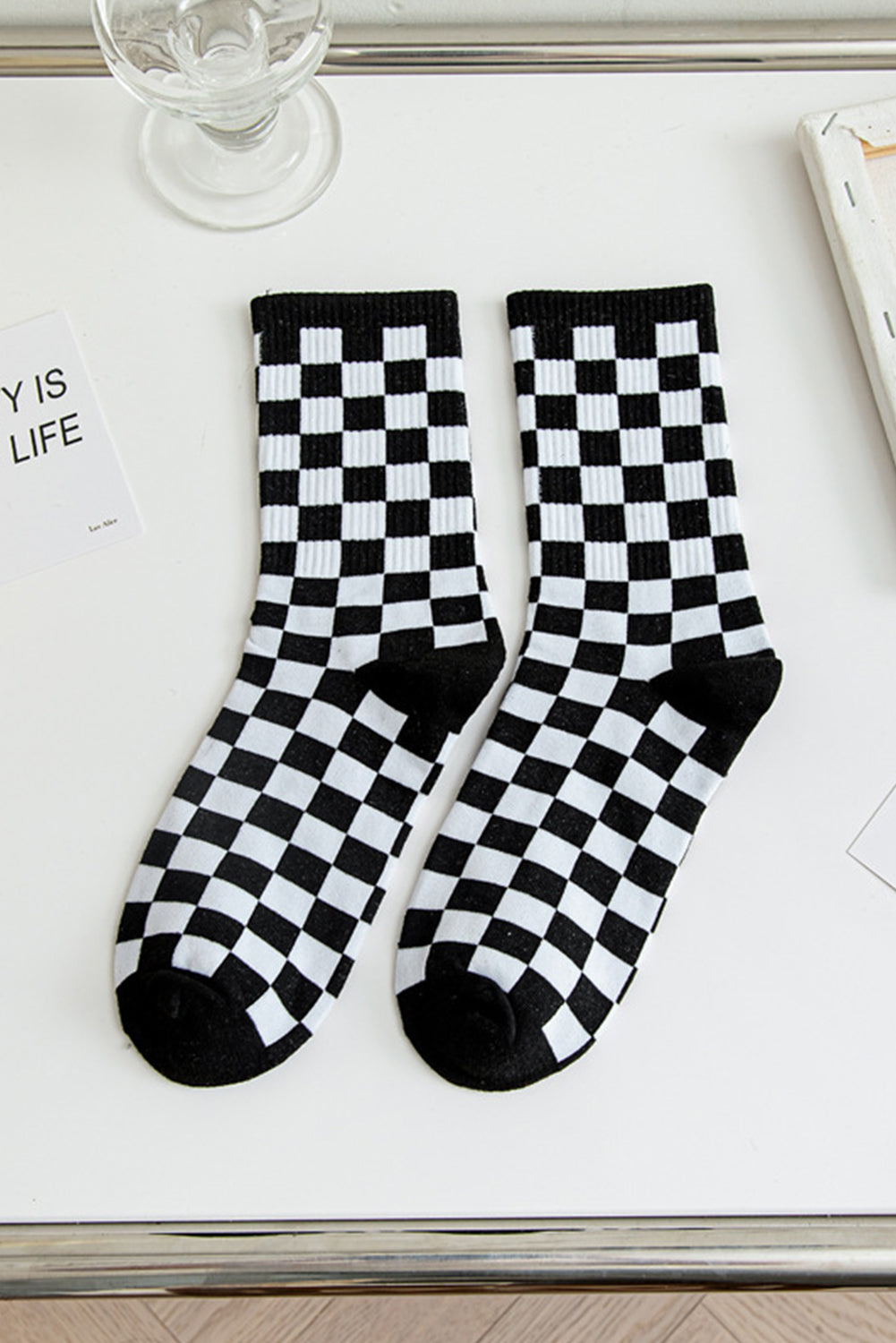 Checkerboard Print Crew Socks