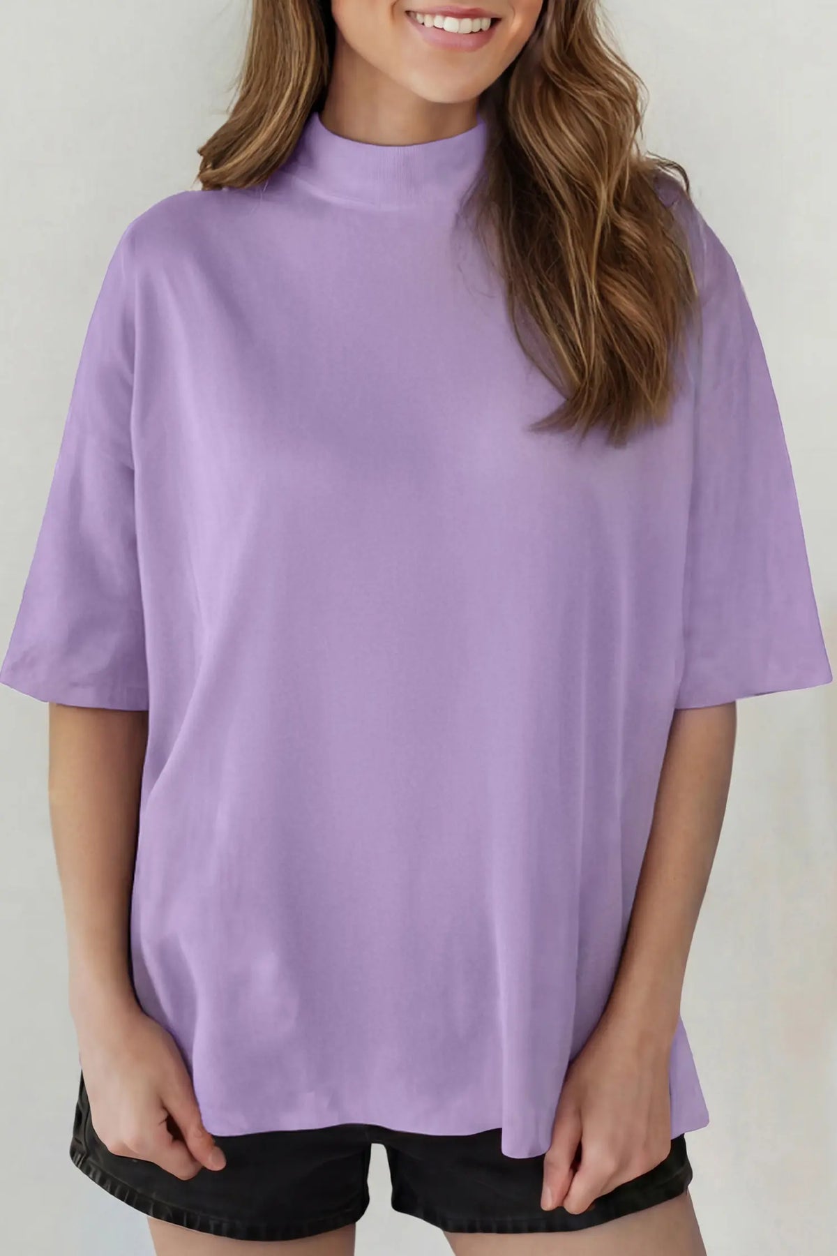 Solid Colour High Neck Oversize Tee – Wisteria
