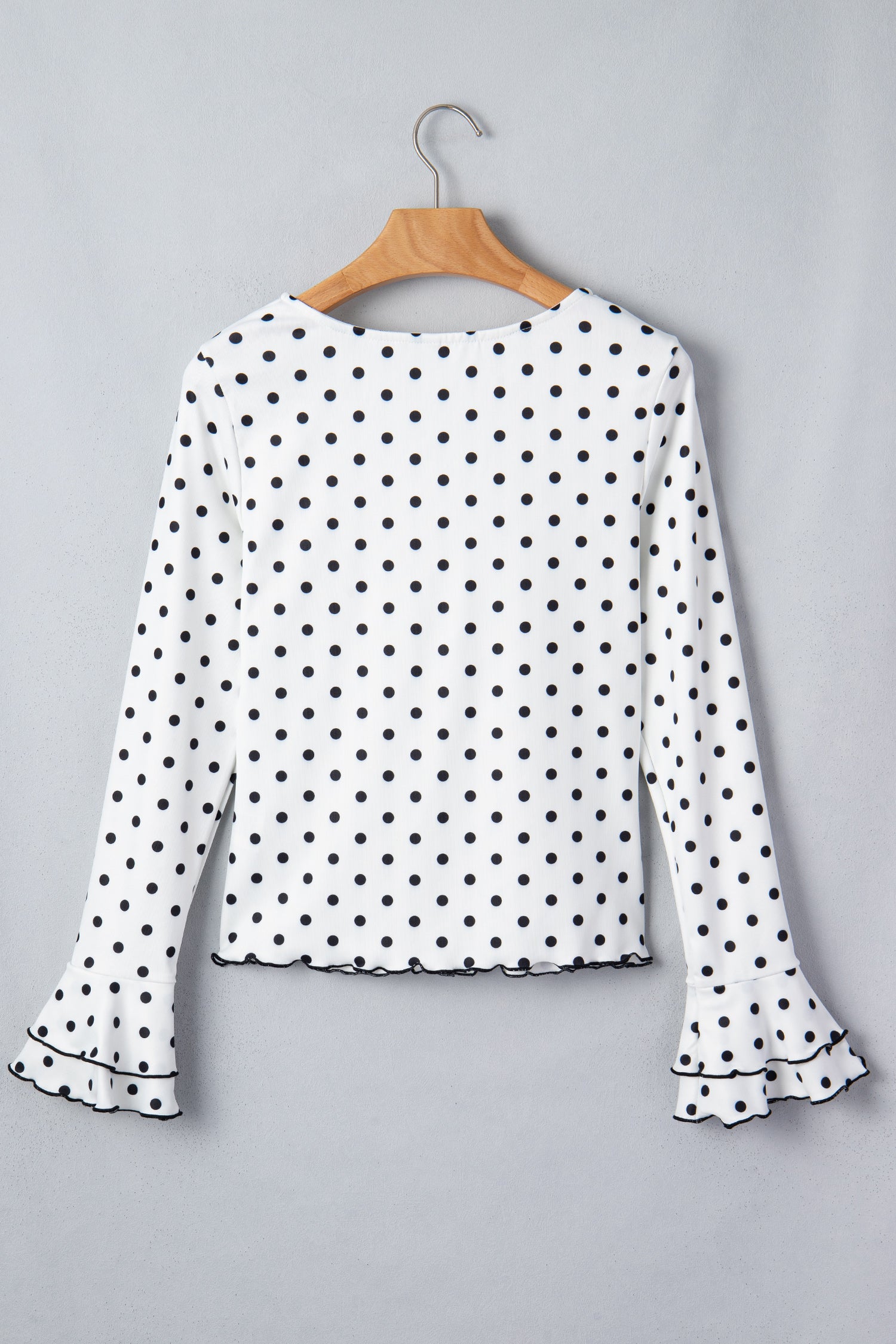Polka Dot Print Lettuce Trim Long Sleeve Top – Black