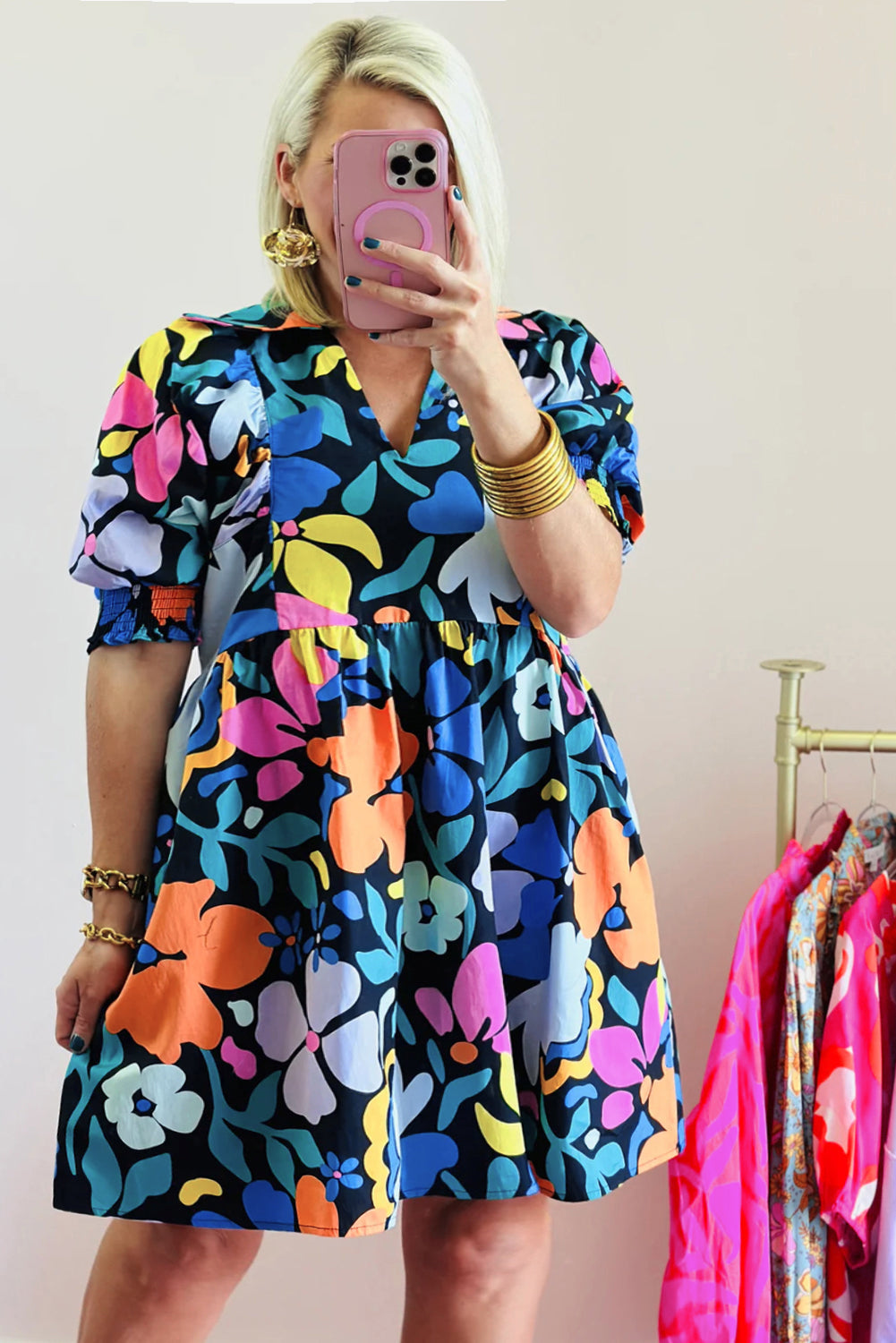 Blue Split Neck Collared Plus Floral Dress BB Fashion Outlet