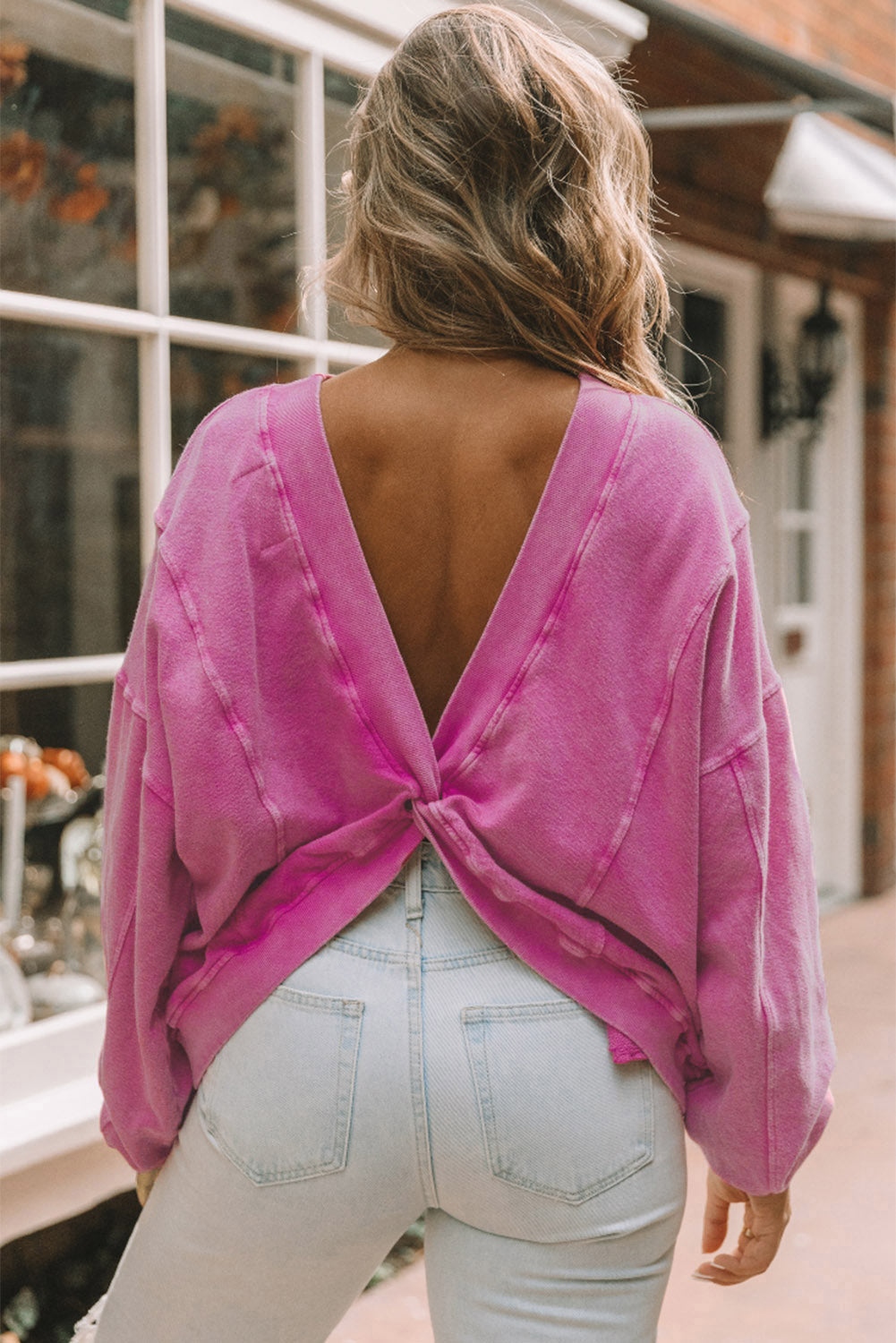 Rose Exposed Seam Twist Open Back Oversized Sweatshirt eAura