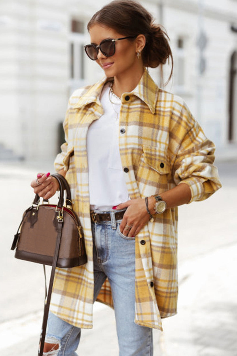Yellow Plaid Flap Pocket Long Sleeve Shacket Beagle Boutique Fashion Outlet