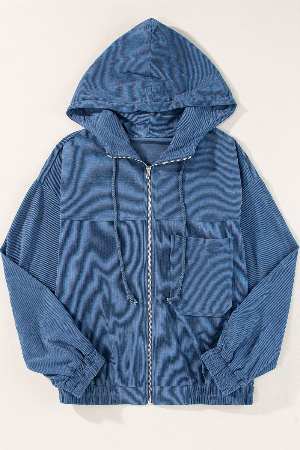 Real Teal Corduroy Drawstring Hooded Pocket Zip Up Jacket eAura