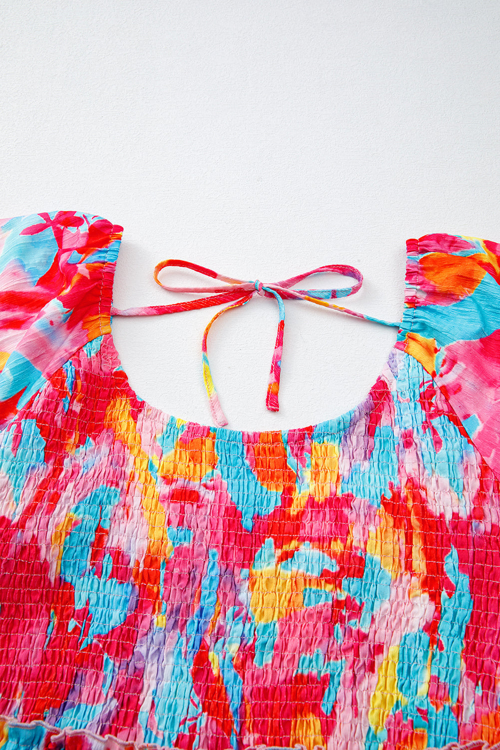 Abstract Print Puff Sleeve Square Neck Smocked Bust Tied Back Dress - eAura