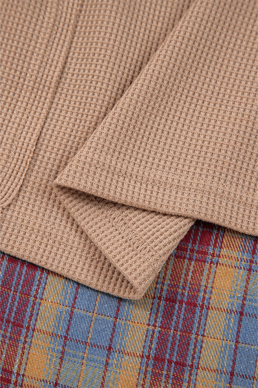 Waffle Striped Plaid Patchwork Henley Knit Top - eAura