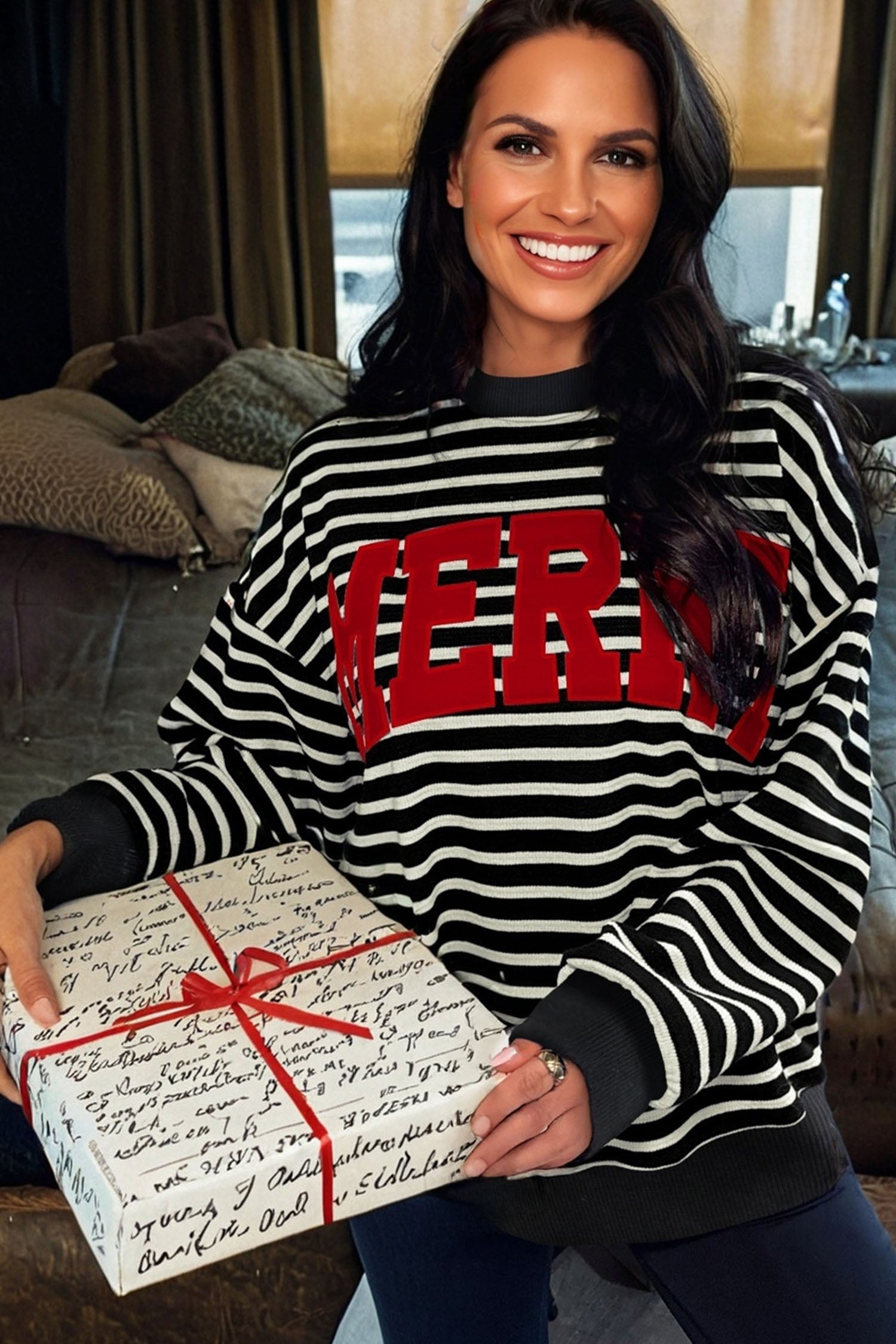 Black Stripe Contrast MERRY Letter Christmas Print Drop Shoulder Sweatshirt - eAura