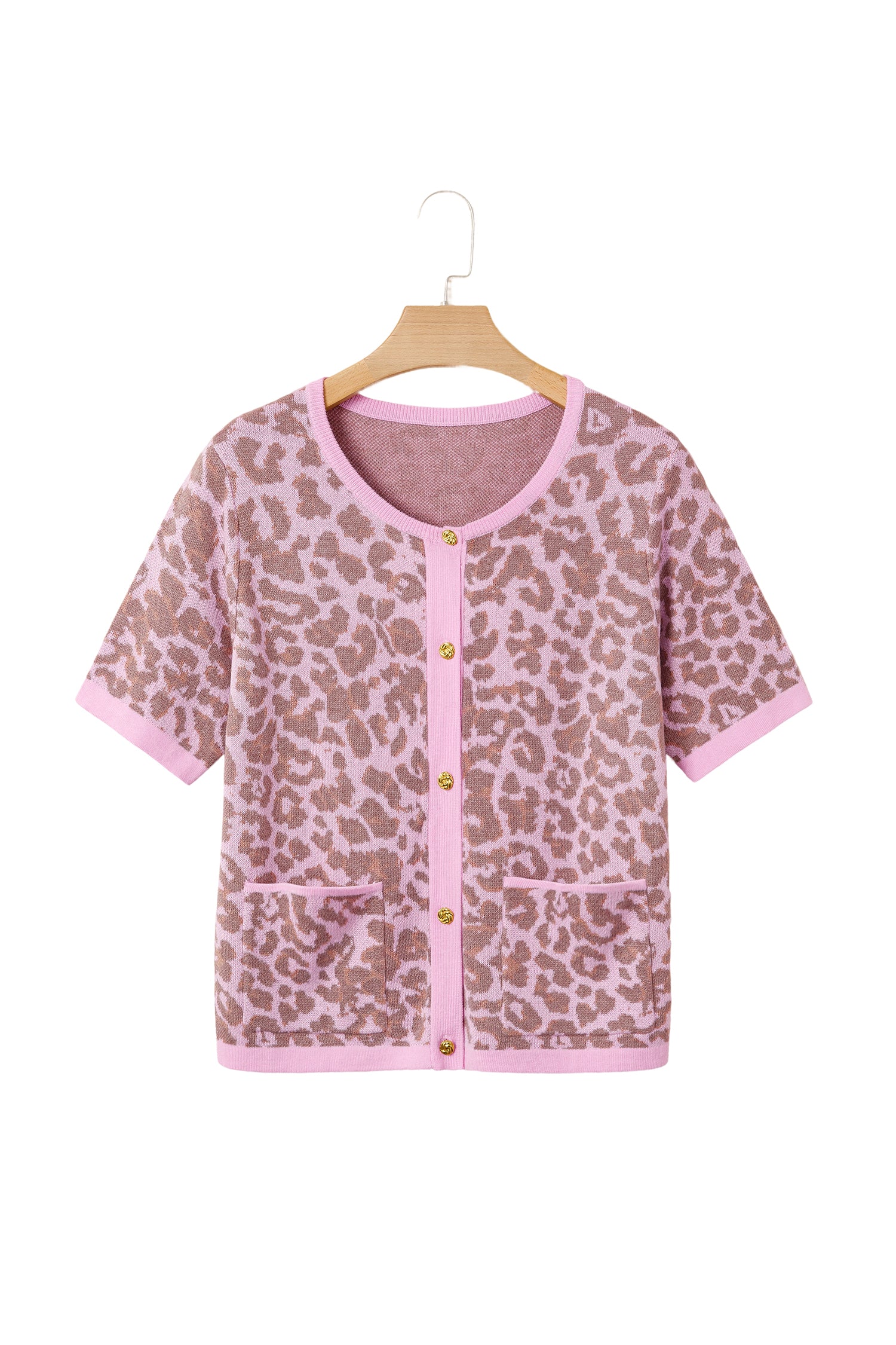 Leopard Button Down Short Sleeve Sweater Cardigan – Pink