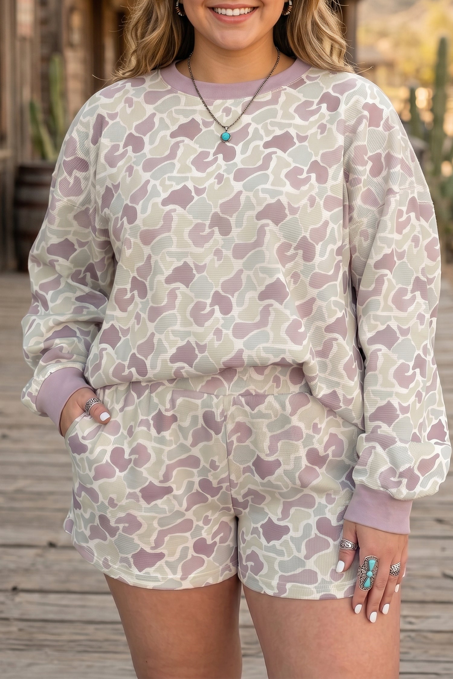 Camouflage Print Waffle Textured Pullover and Shorts Plus Size 2pcs Set – Green