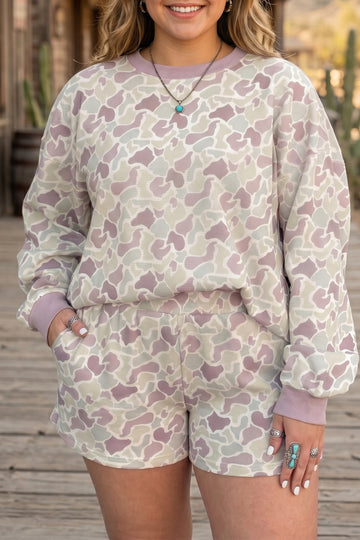 Camouflage Print Waffle Textured Pullover and Shorts Plus Size 2pcs Set – Green