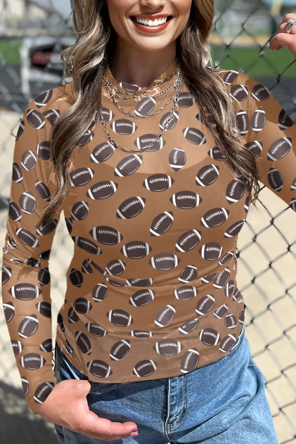 Brown Game Day American Football Mesh Sheer Long Sleeve Top - S - Tops/Long Tops