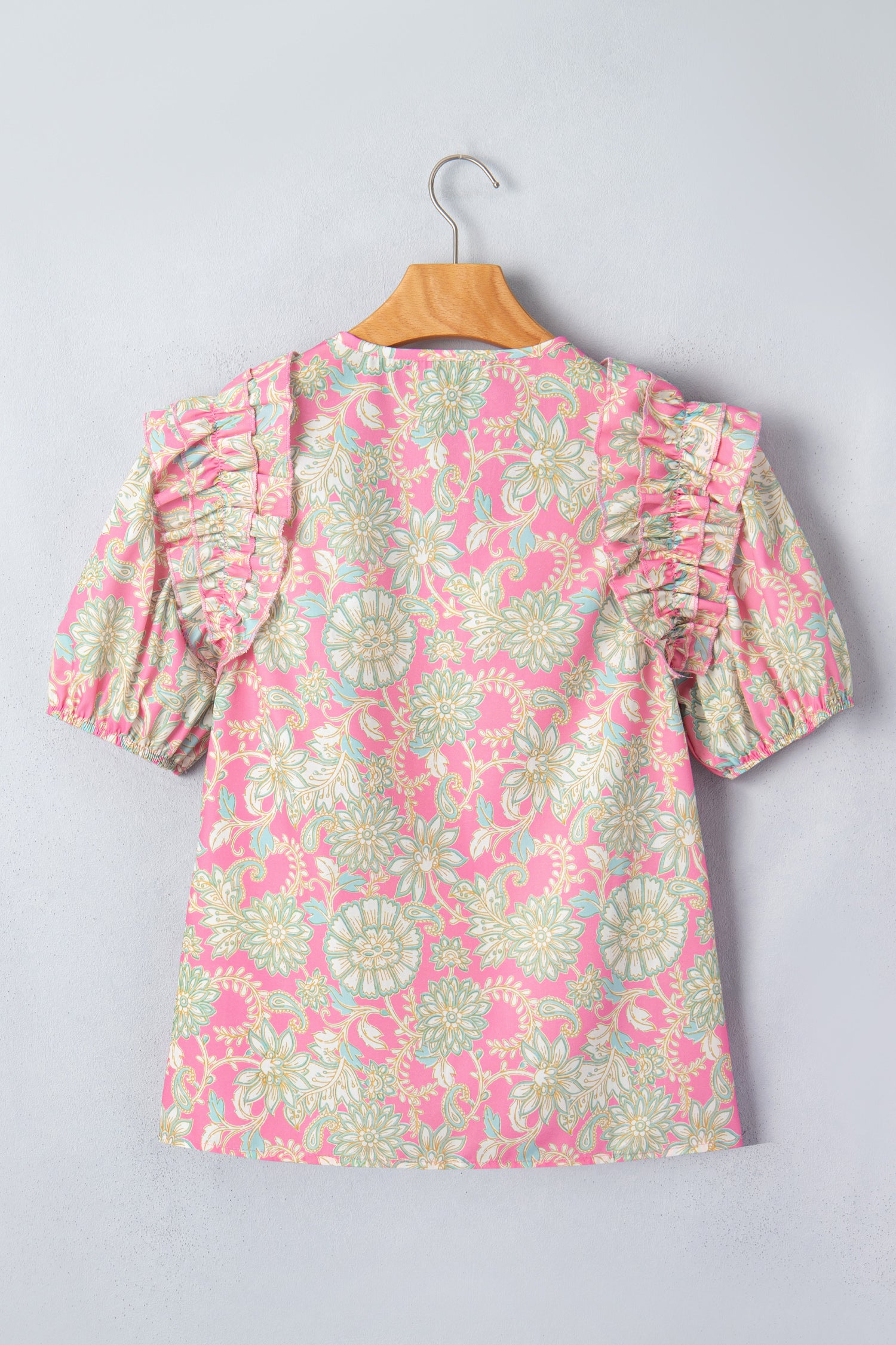 Tie V Neck Floral Short Puff Sleeve Blouse – Pink