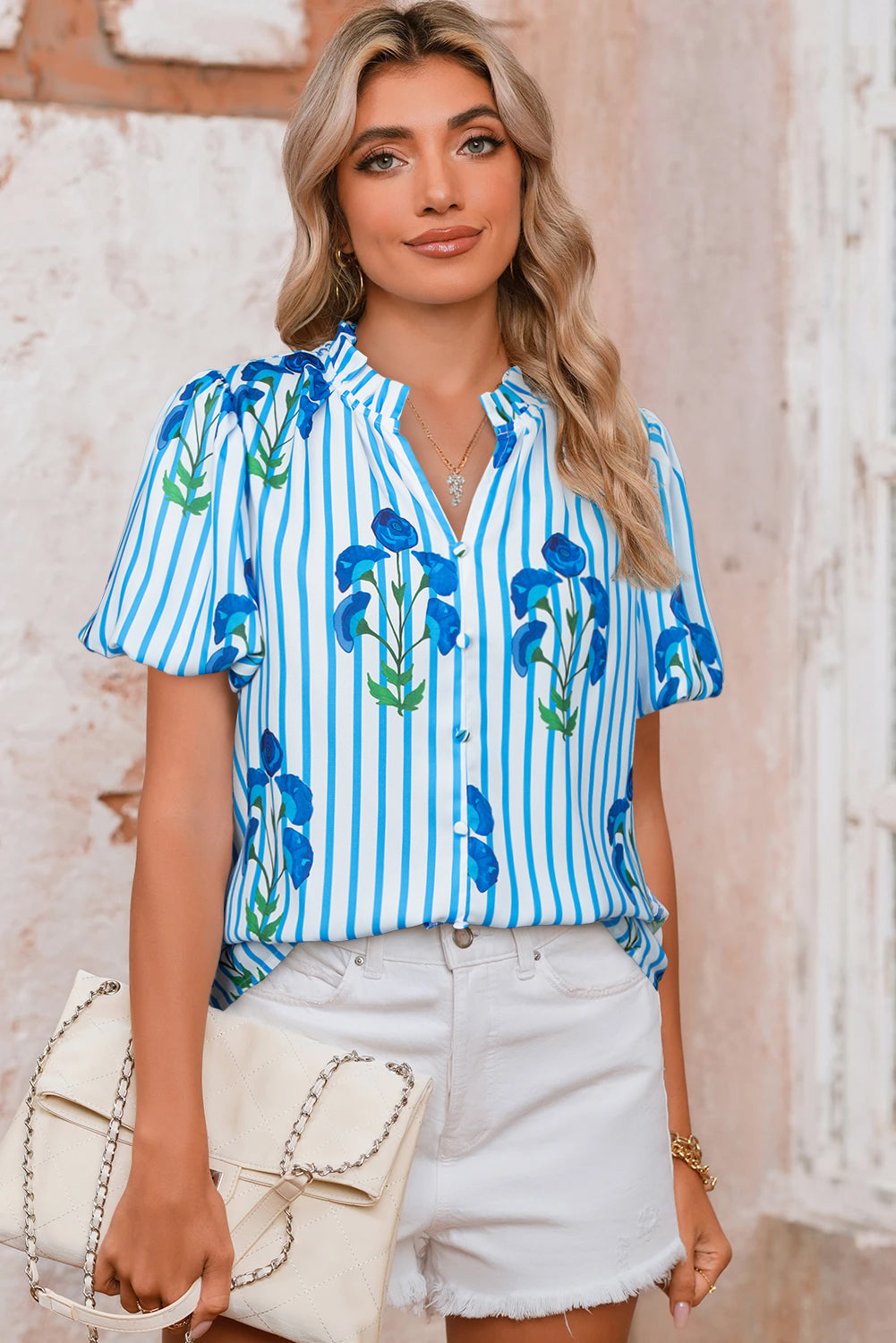 Sky Blue Stripe Floral Buttoned Frilly Notched Neck Puff Sleeve Summer Blouse eAura