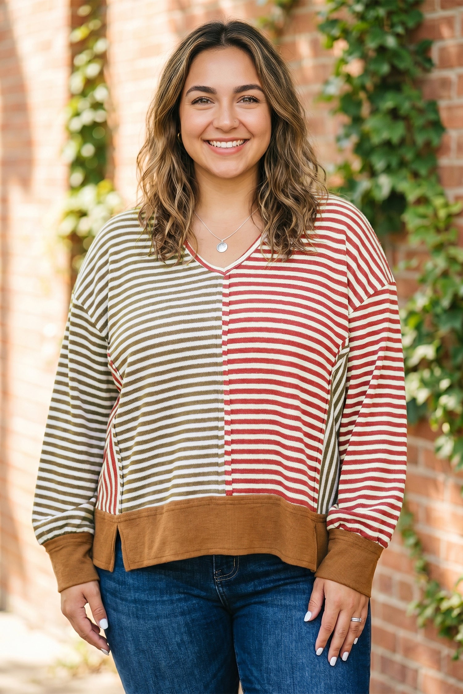 Striped Colorblock V Neck Oversized Long Sleeve Plus Size Blouse – Brown Stripe