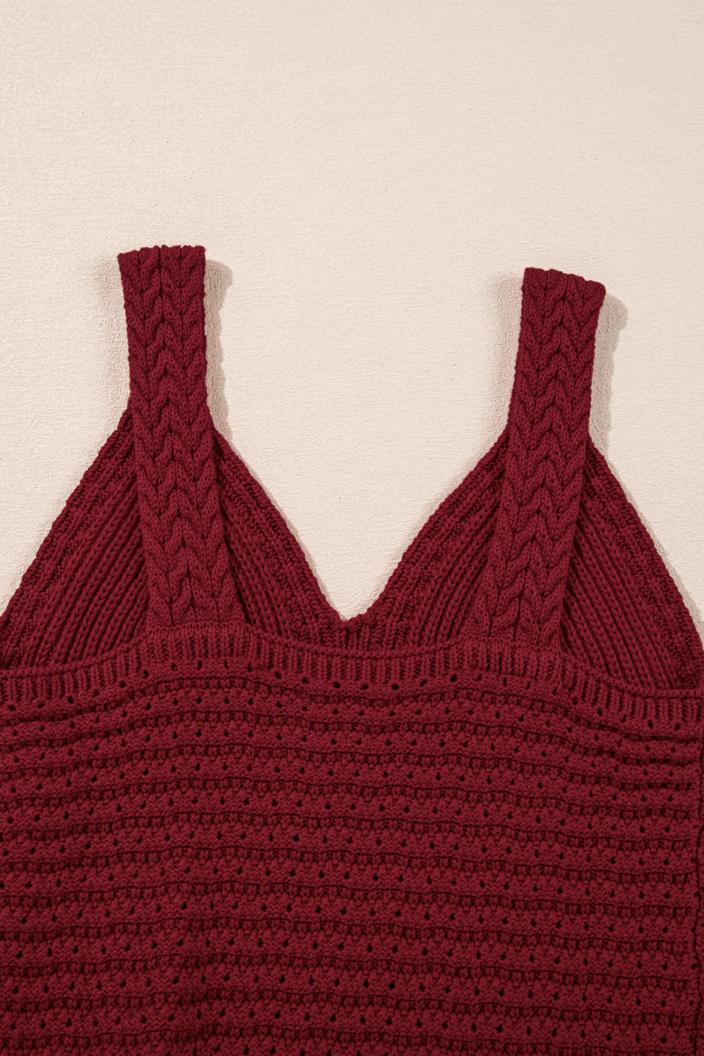 Burgundy Cable Knit Pointelle Slim Fit V Neck Sweater Vest eAura