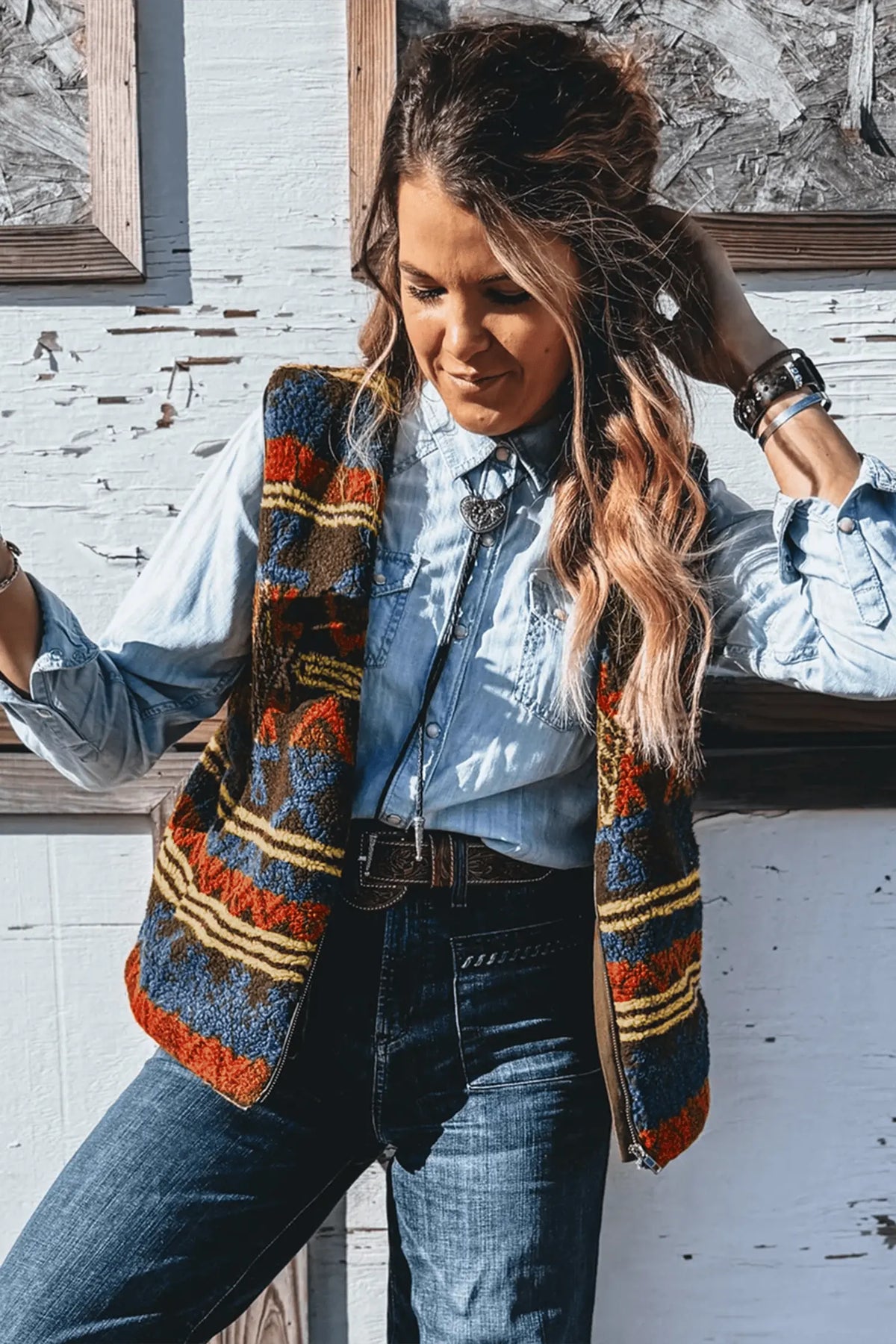 Western Print Faux Fur Metal Zipper Insert Pockets Sleeveless Vest – Multicolour