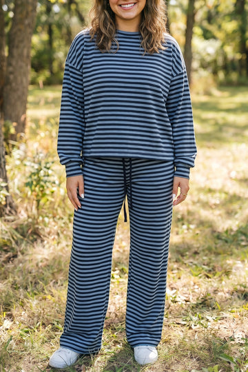 Long Sleeve Drawstring Waist Plus Size Lounge Pants Set – Blue Stripe