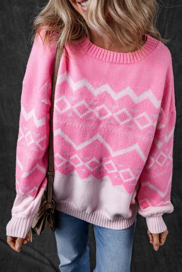 Pink Western Aztec Geometric Drop Shoulder Sweater eAura