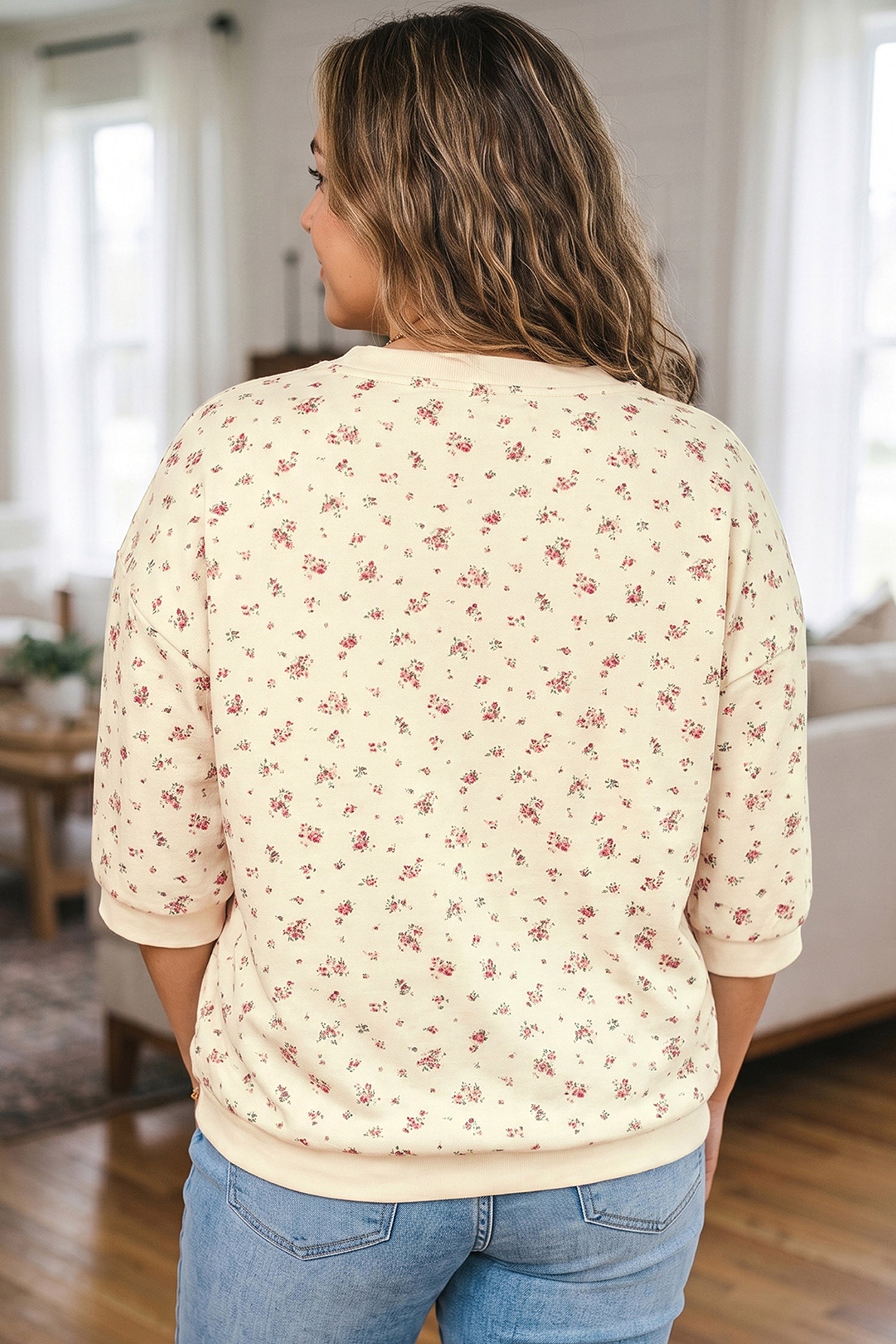 Floral Print Colorblock Cuffs Hem Plus Size Blouse – Beige