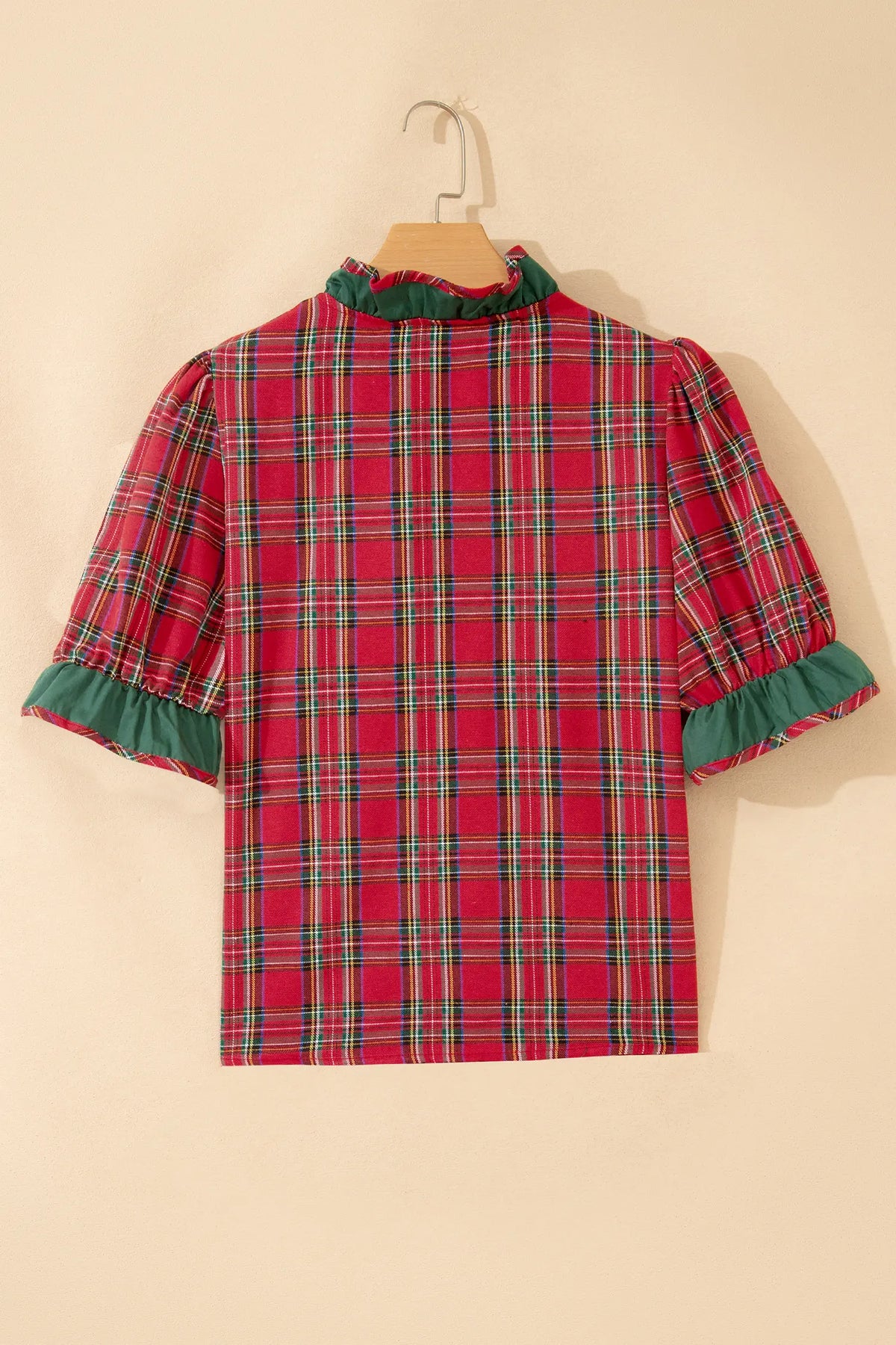 Plaid V Neck Ruffle Colour Block Trim Short Sleeve Shirt