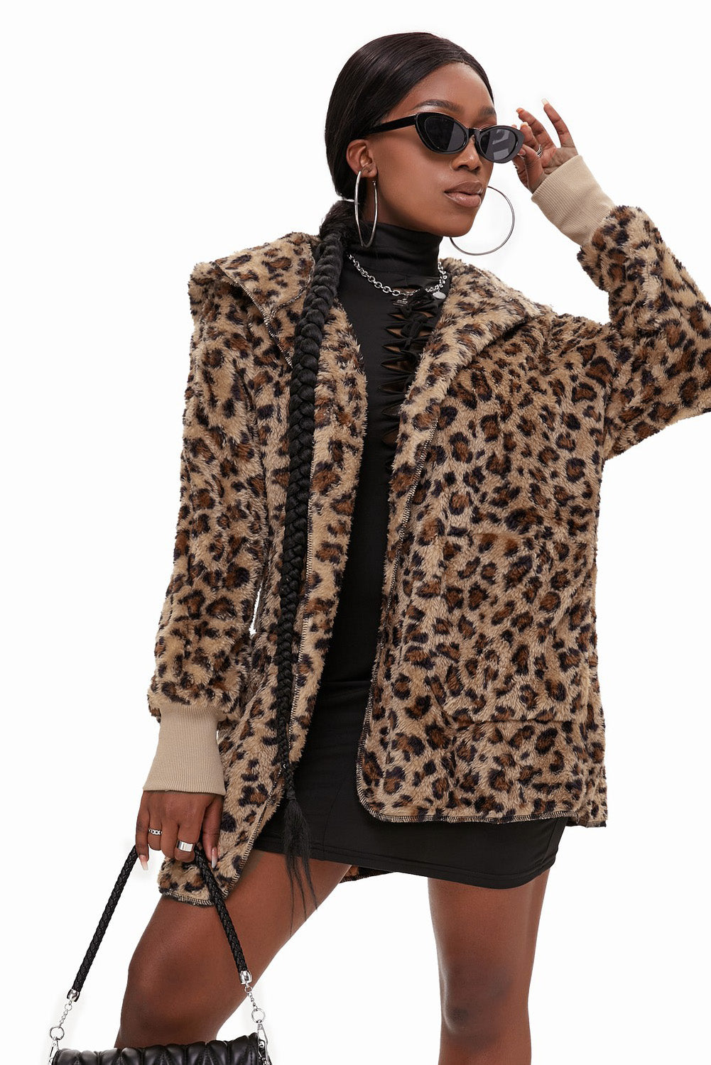 Leopard Soft Fleece Hooded Open Front Jacket - eAura