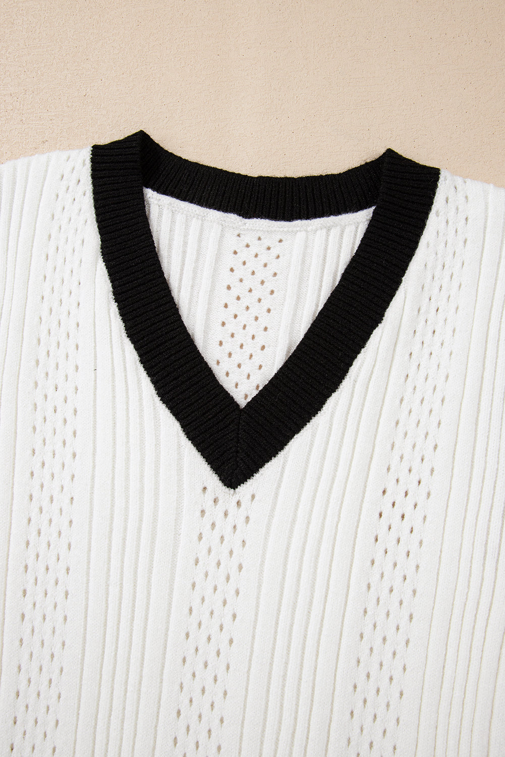 White Contrast Trim Eyelet Knit Colourblock V Neck Sweater Vest eAura