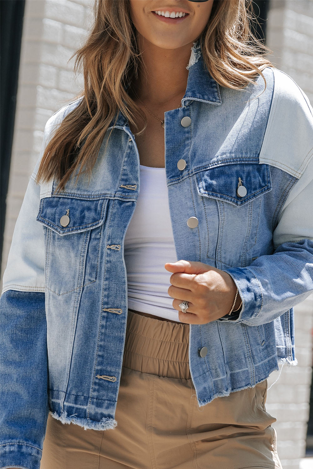 Sky Blue Colour Block Denim Patchwork Frayed Hem Jacket Beagle Boutique Fashion Outlet