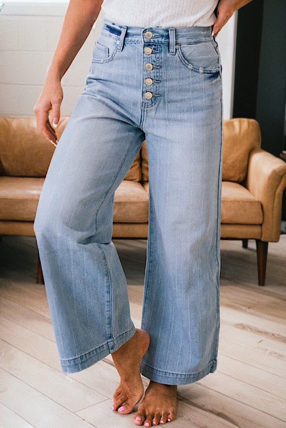 Multi Buttons Pinstripe Wide Leg Jeans - eAura