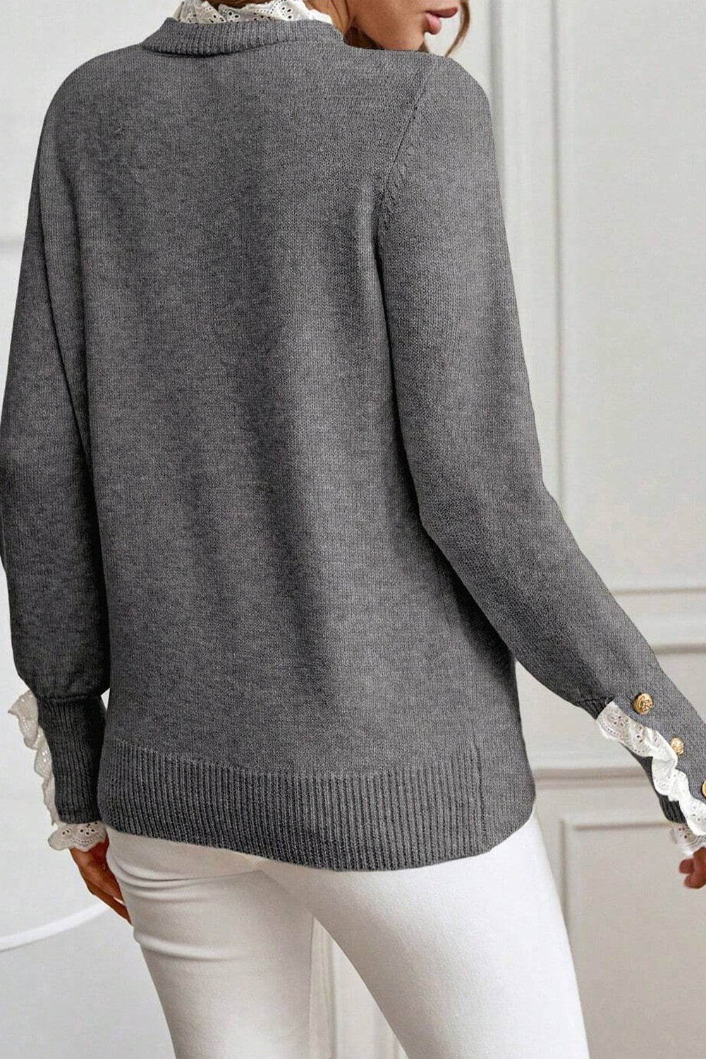 Lace Trim Sweater Patchwork Buttoned Cuffs Loose Sweater - eAura